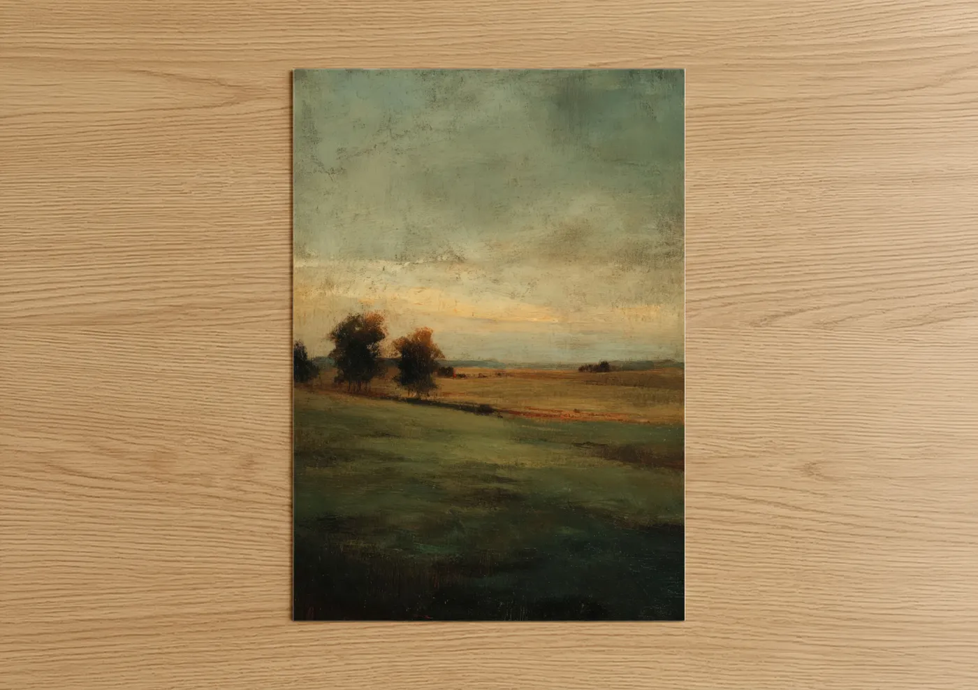 Art print on warm oak wood — cream and olive palette — Golden Grain Field poster