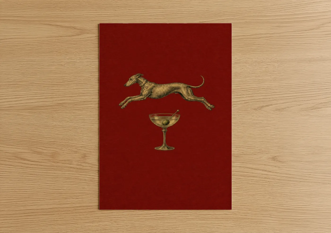 Dogs art print on warm oak wood — red and gold palette — Elegant Greyhound and Martini Wall Art poster