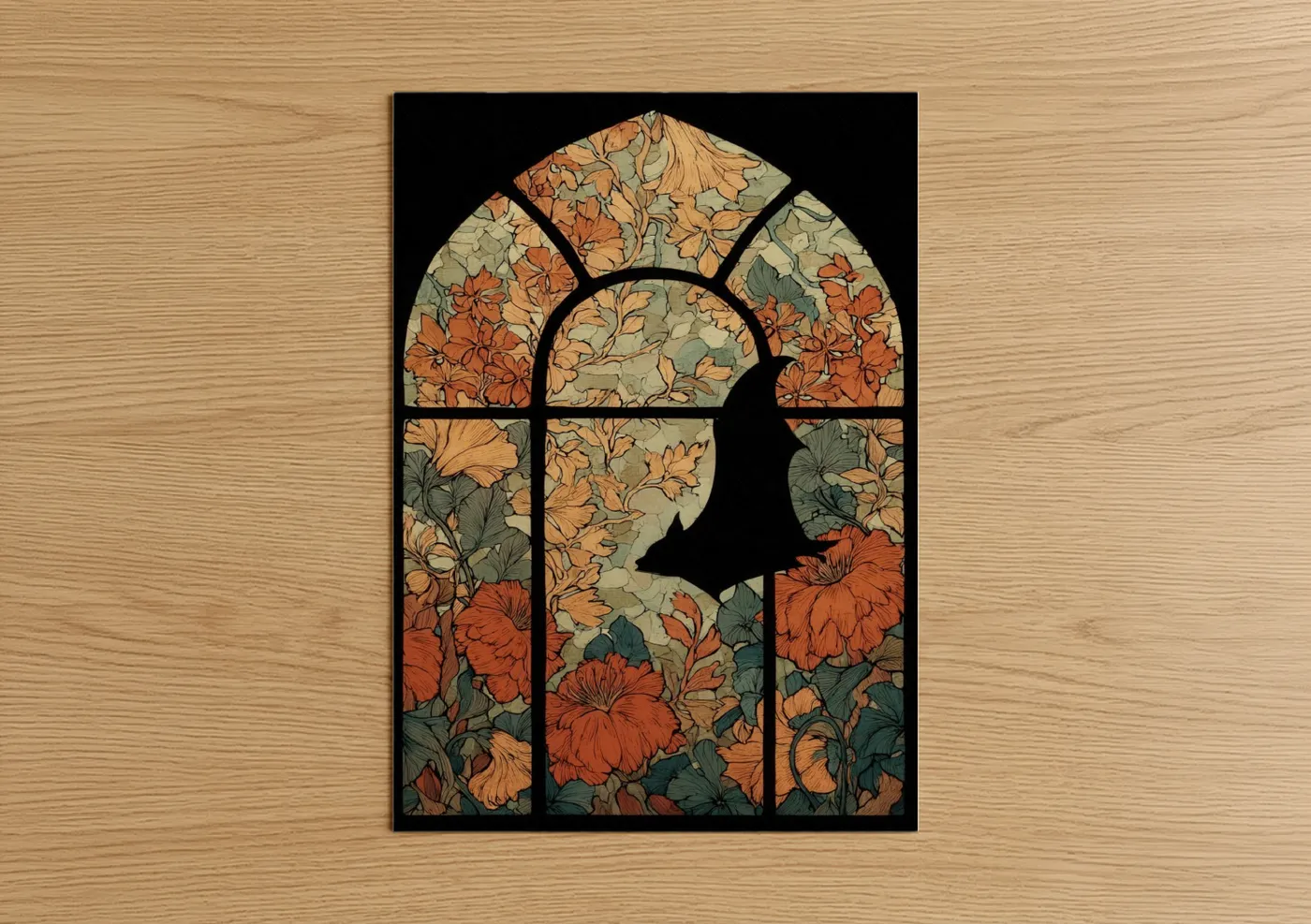 Art print on warm oak wood — gold and sage green palette — Stained Glass Bat poster