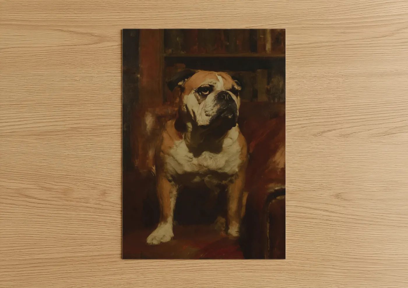 Art print on warm oak wood — brown and cream palette — Dignified Bulldog Portrait poster