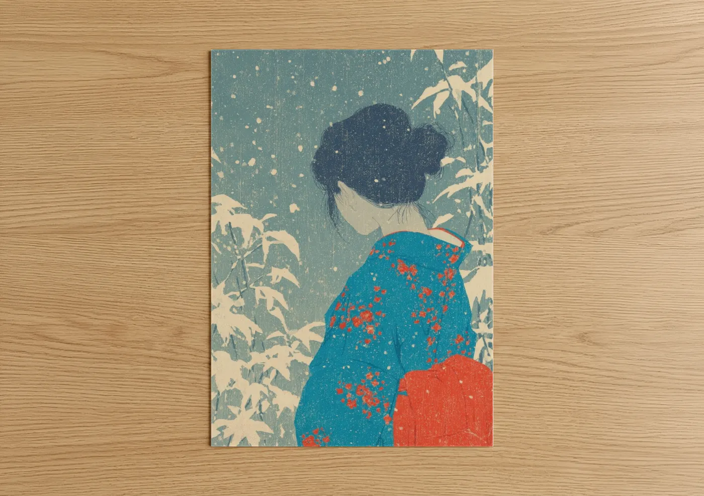 Retro fashion art print on warm oak wood — teal and red palette — Vintage Garden Girl poster