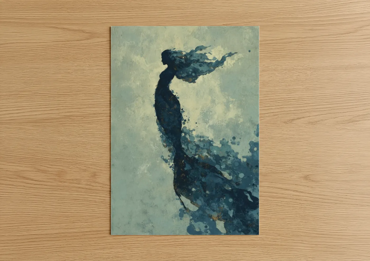 Art print on warm oak wood — blue and cream palette — Ethereal Mermaid poster