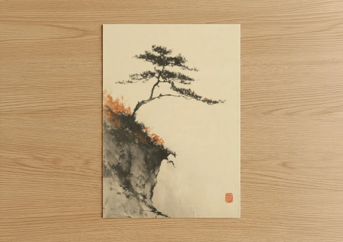 Autumn art print on warm oak wood — cream and russet palette — Clifftop Bonsai poster