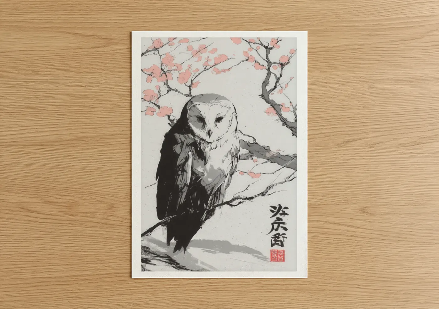 Art print on warm oak wood — black and white and salmon pink palette — Cherry Blossom Owl poster