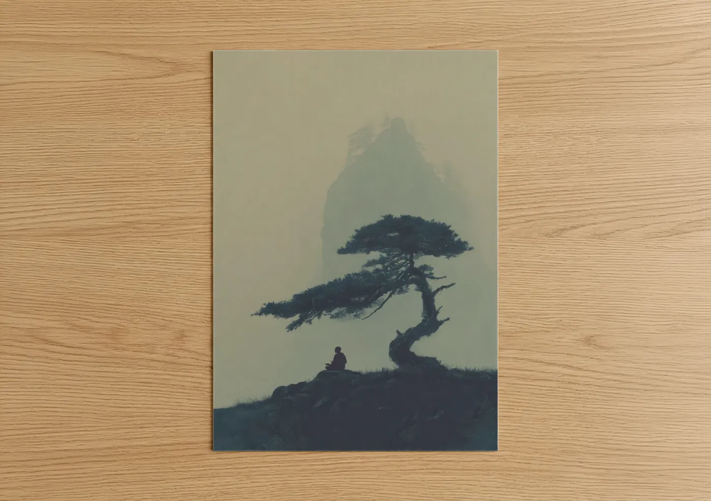 Bonsai tree art print on warm oak wood — gray and dove gray palette — Misty Bonsai poster