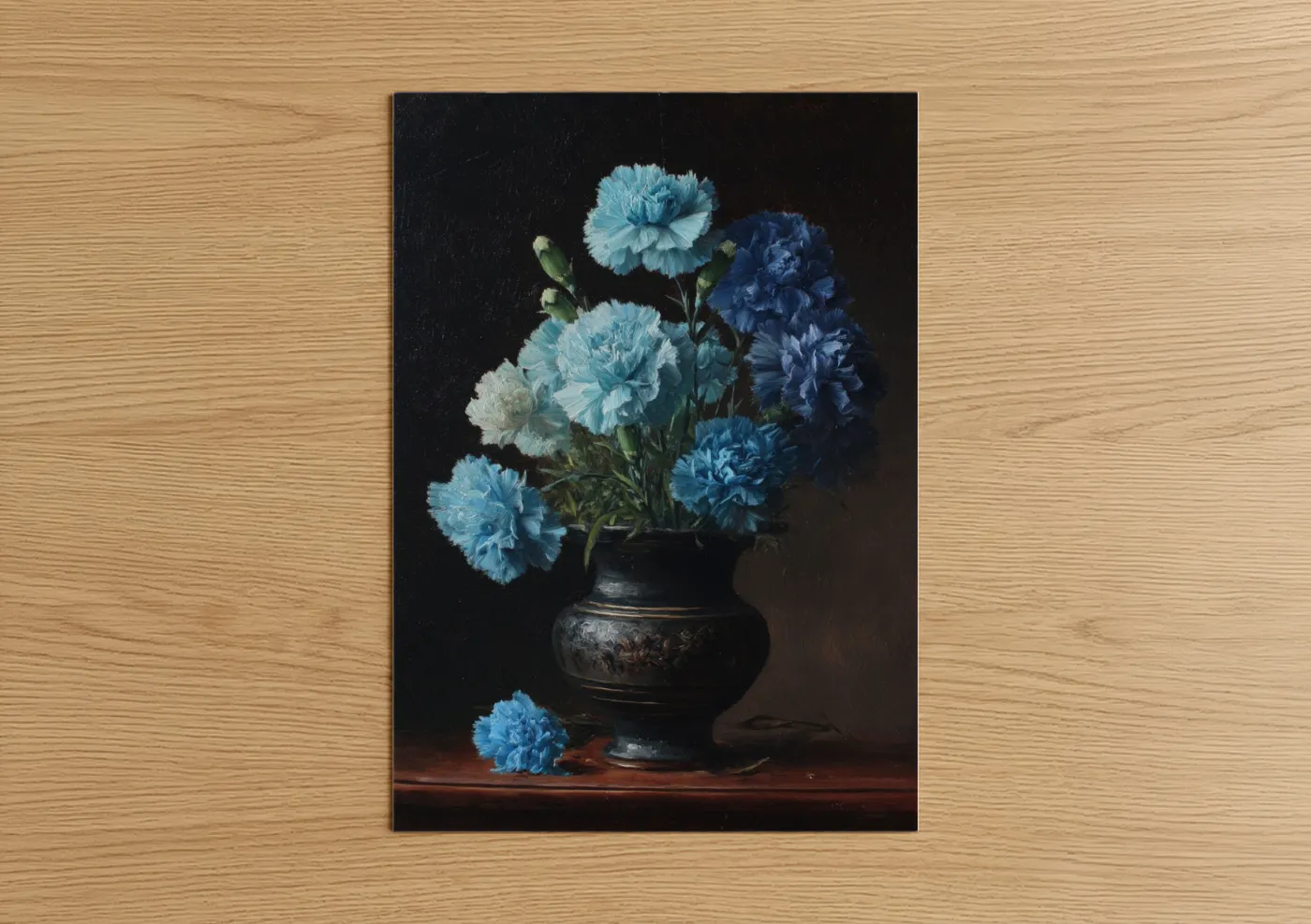 Carnations art print on warm oak wood — blue and black palette — Blue Carnation Vase poster