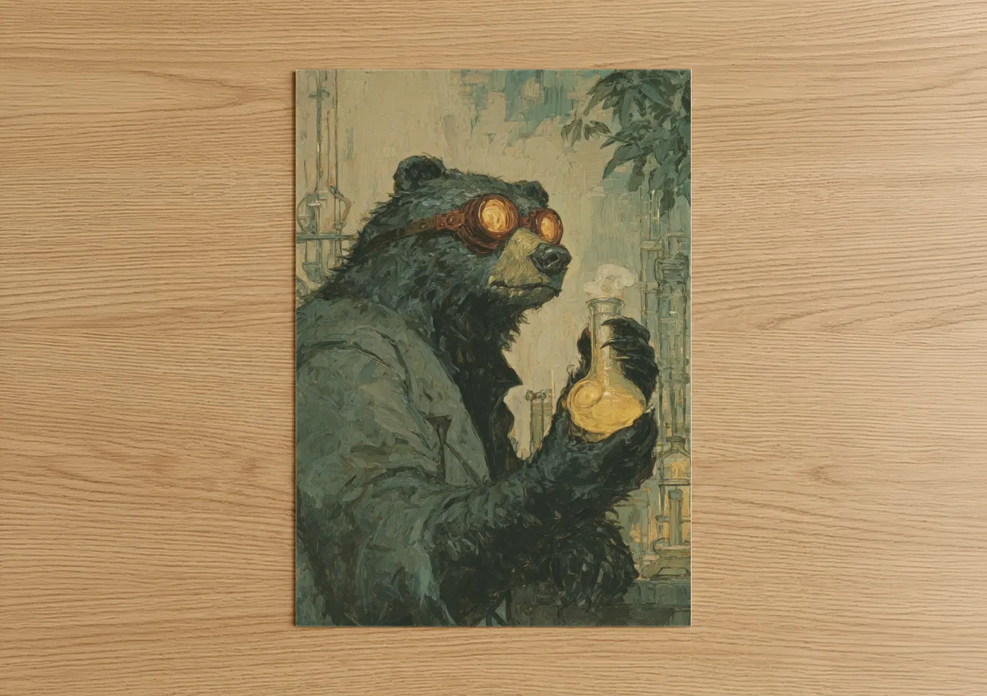 Sloth bear art print on warm oak wood — sage green and gold palette — Steampunk Bear poster