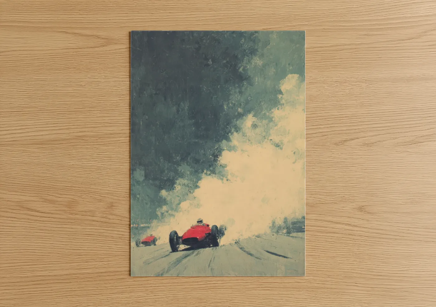 Auto racing art print on warm oak wood — green and cream palette — Vintage Racing Blur poster