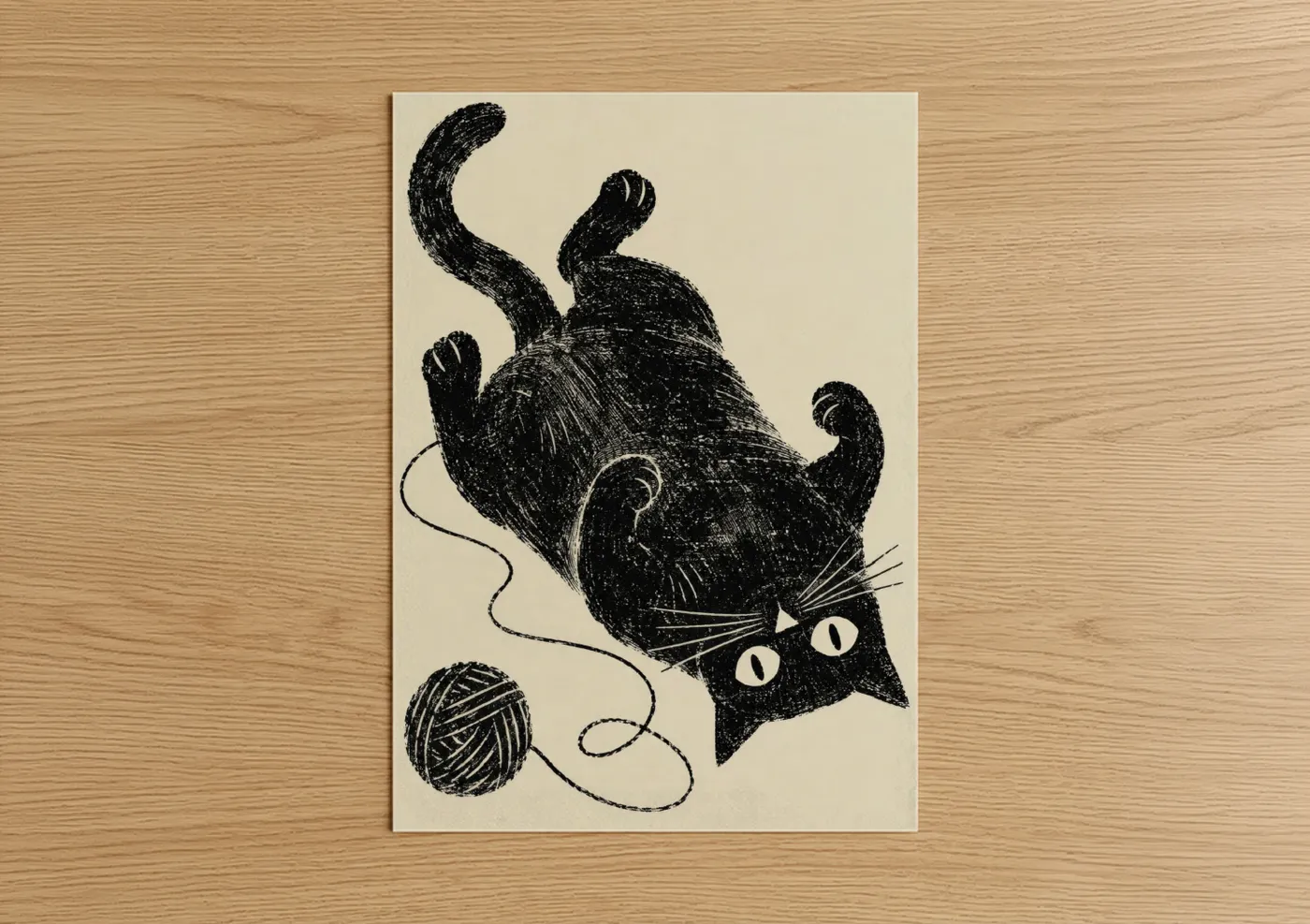 Art print on warm oak wood — black and white and cream palette — Playful Black Cat With Yarn Wall Art poster