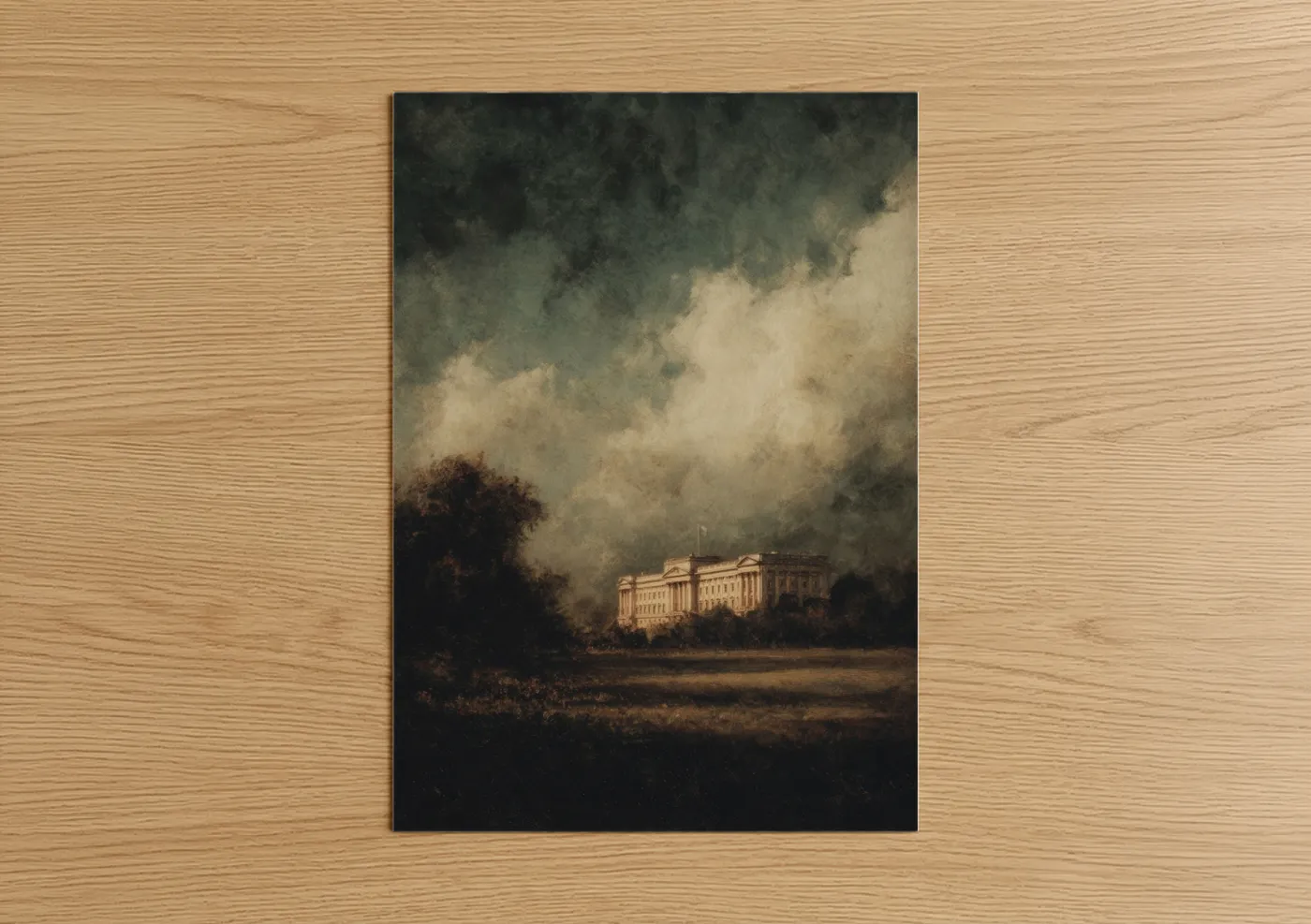Buckingham palace art print on warm oak wood — gray and cream palette — Stormy Buckingham poster