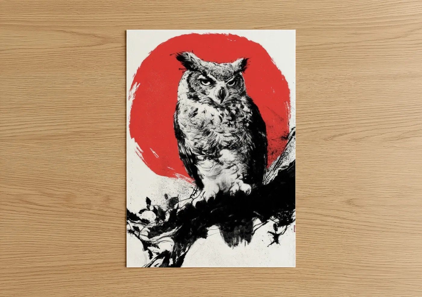 Crimson Moon Owl Black White Wall Art