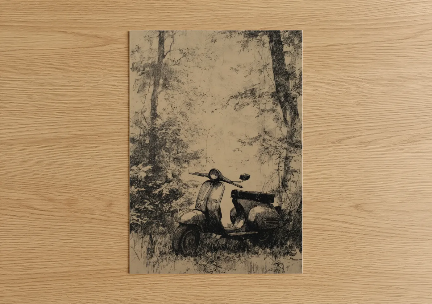 Art print on warm oak wood — black and white and cream palette — Forest Scooter poster