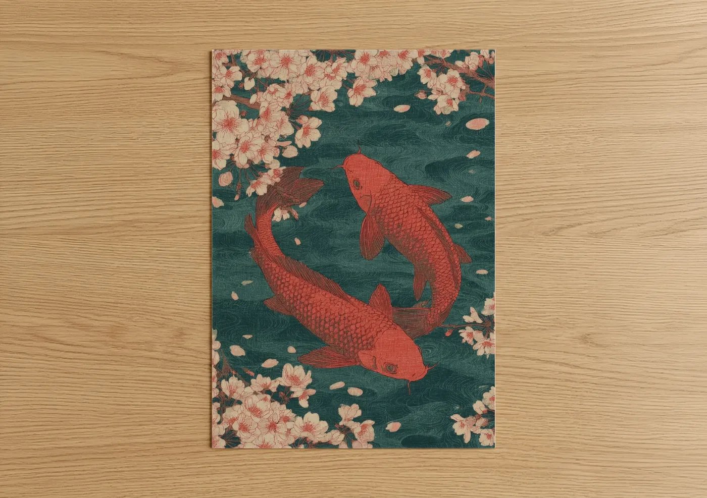 Art print on warm oak wood — teal and salmon pink palette — Crimson Koi Pisces poster