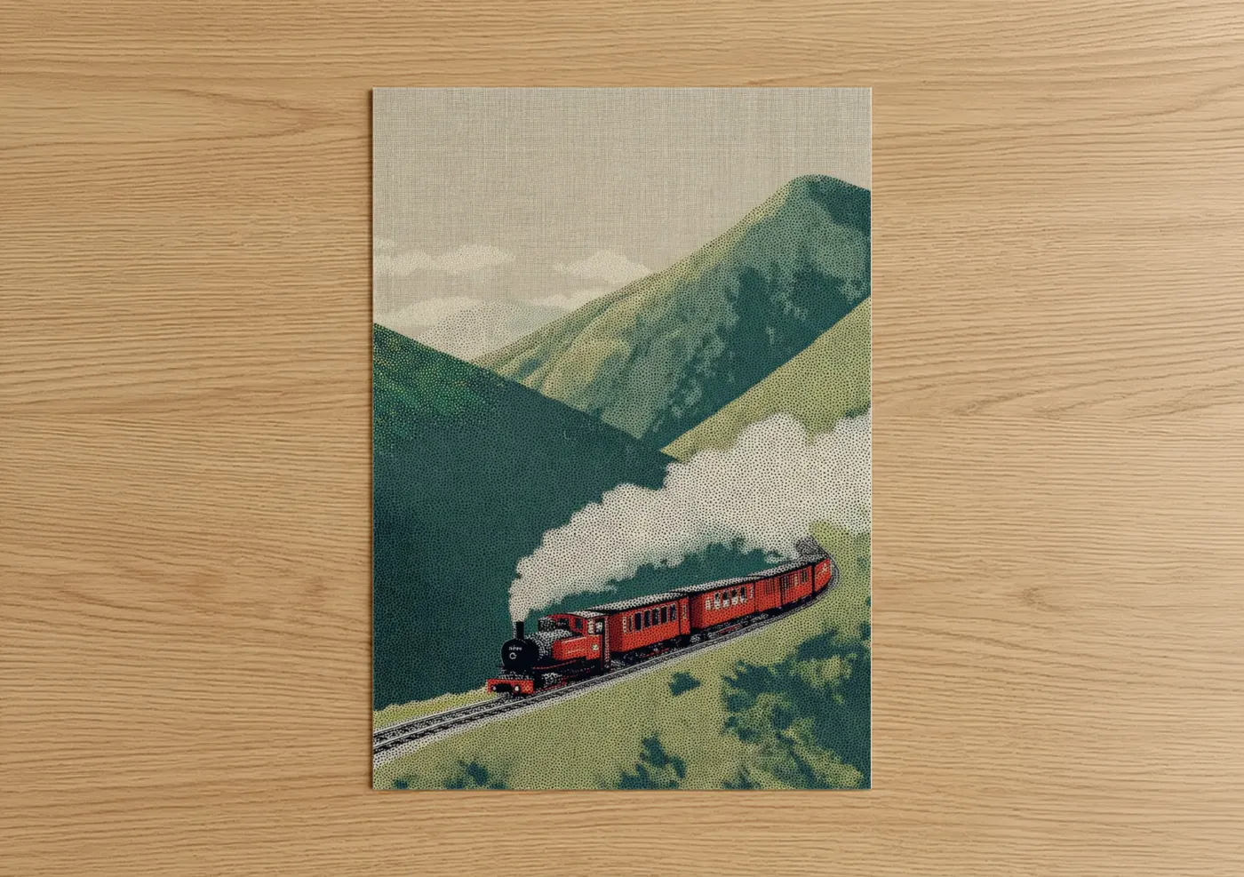 Red Steam Train Mountain Valley Vintage Wall Art