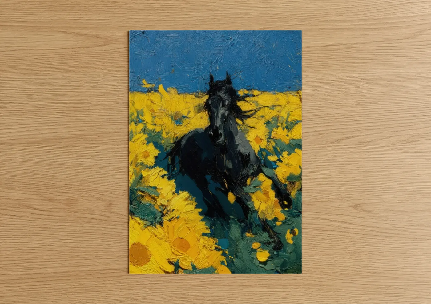 Friesian horse art print on warm oak wood — yellow gold and blue palette — Sunflower Friesian poster