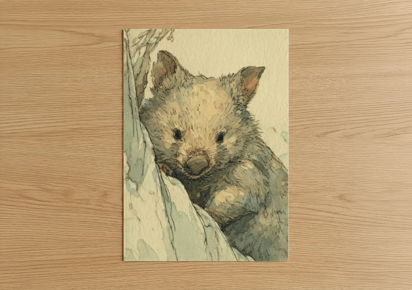 Art print on warm oak wood — beige and sage green palette — Curious Wombat poster