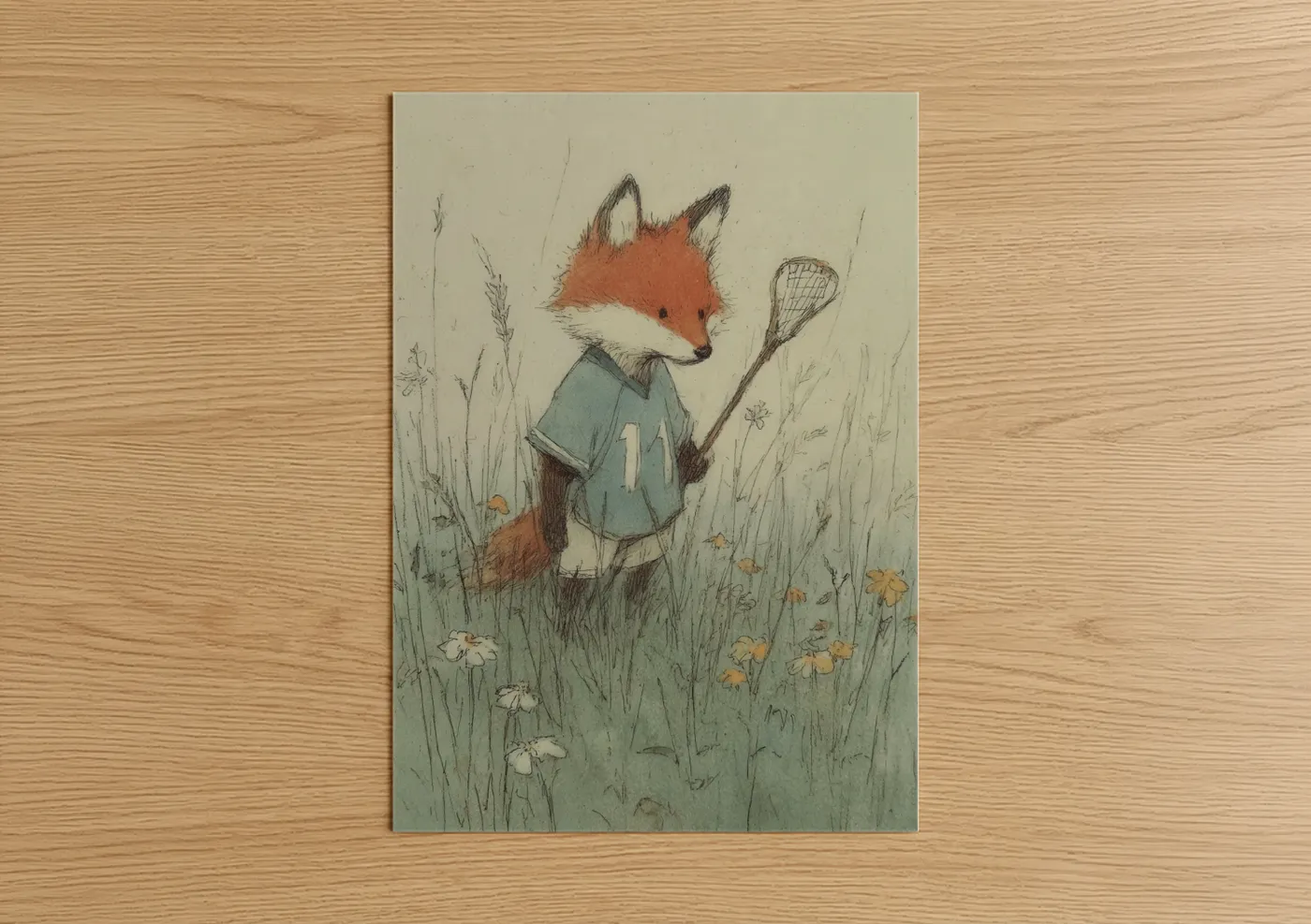 Lacrosse art print on warm oak wood — sage green and peach palette — Athletic Fox poster