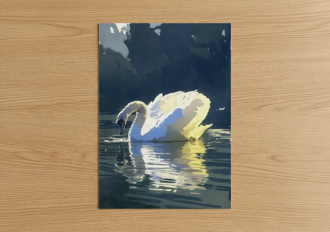 Art print on warm oak wood — blue and gold palette — Luminous Swan poster