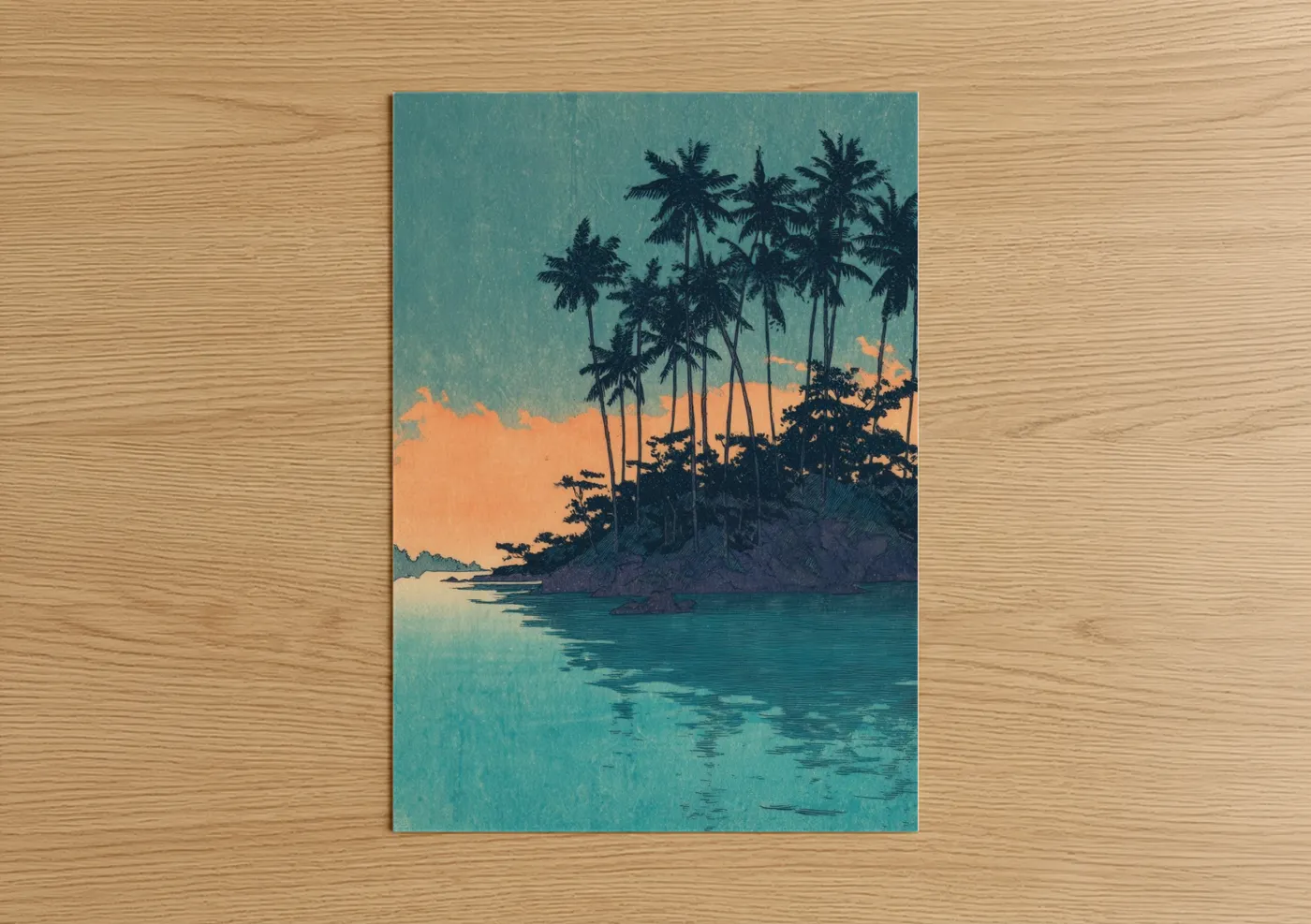 Art print on warm oak wood — teal and peach palette — Tropical Island Sunset poster