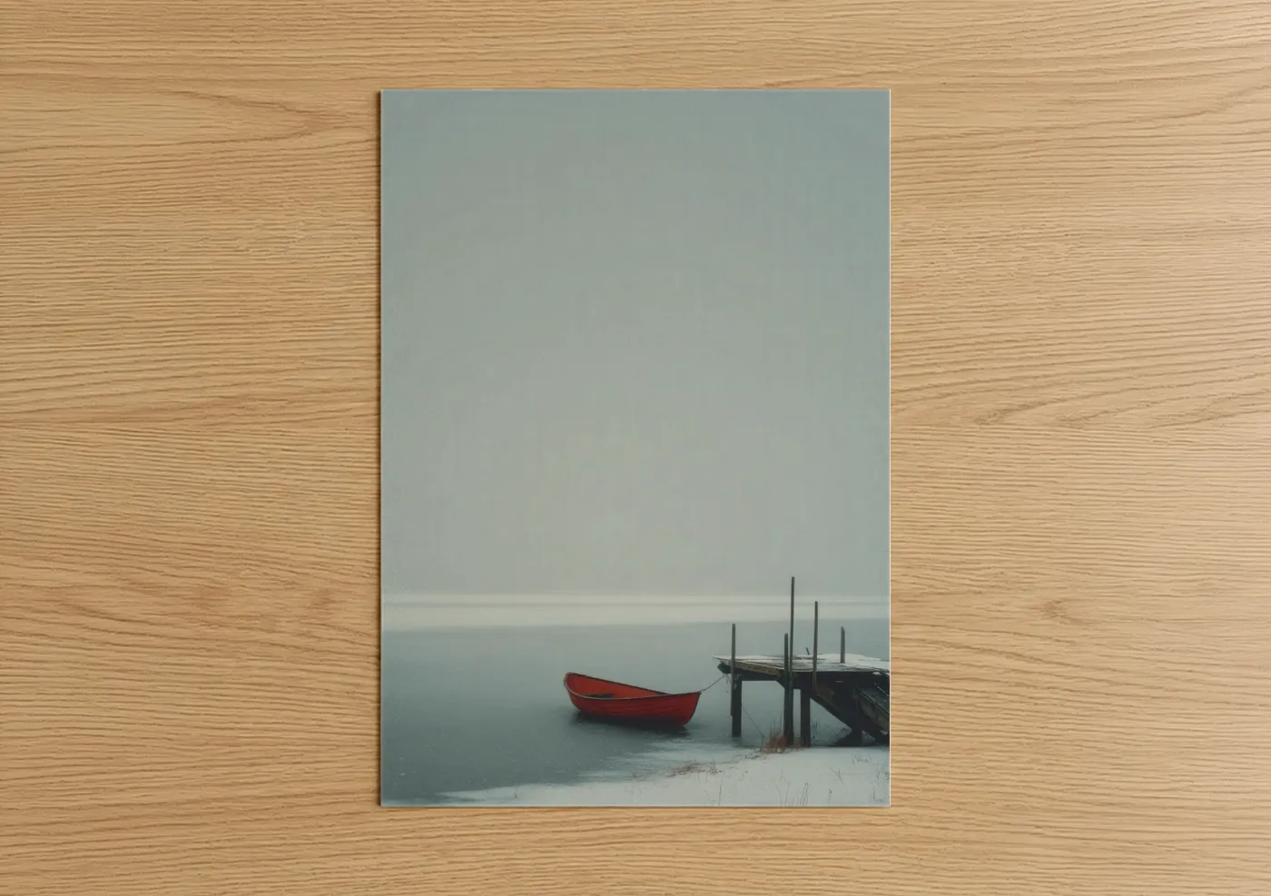 Winter art print on warm oak wood — gray and blue and white palette — Frozen Harbor Solitude poster