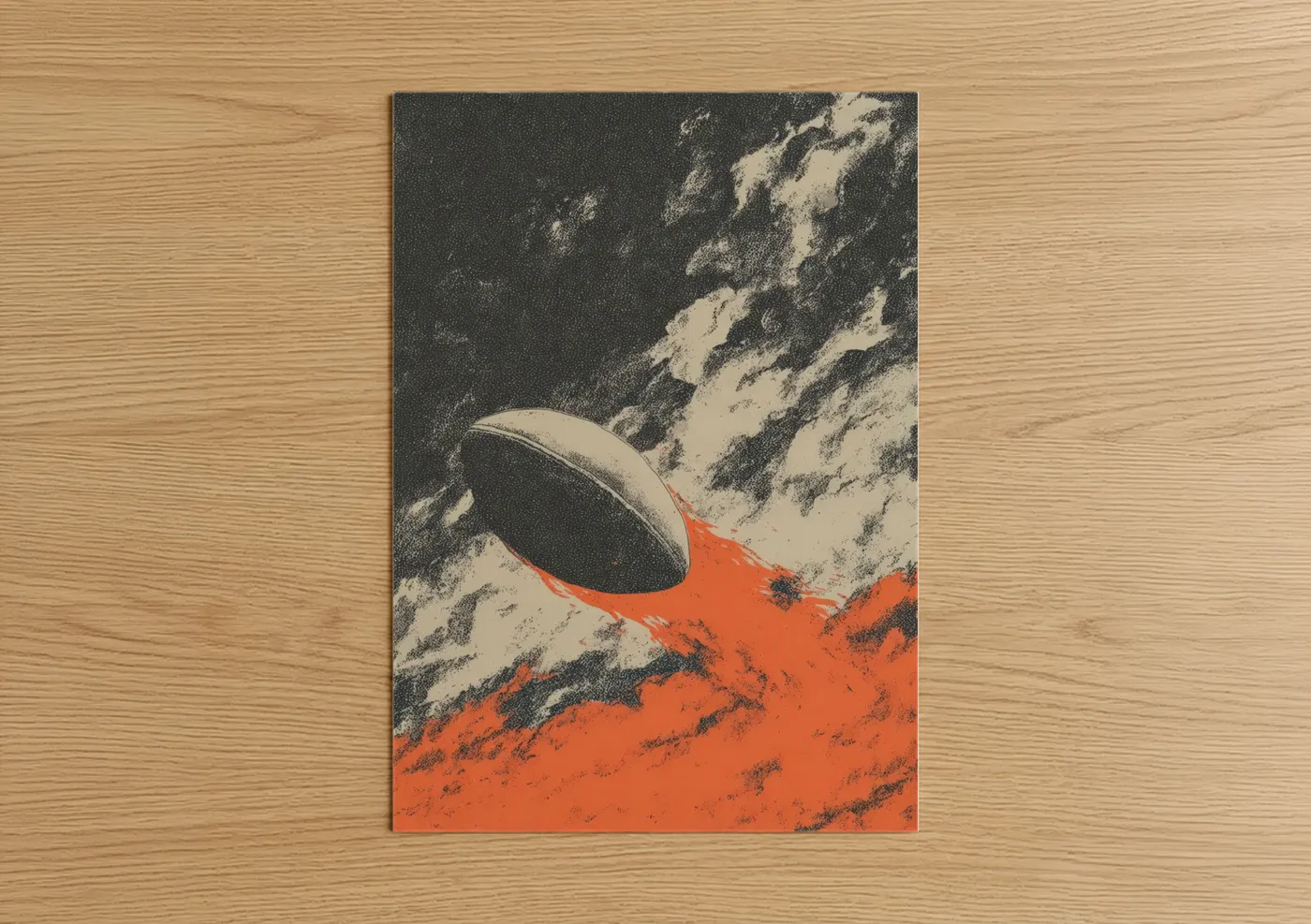 Art print on warm oak wood — black and white and pumpkin palette — Vintage Rugby Ball poster