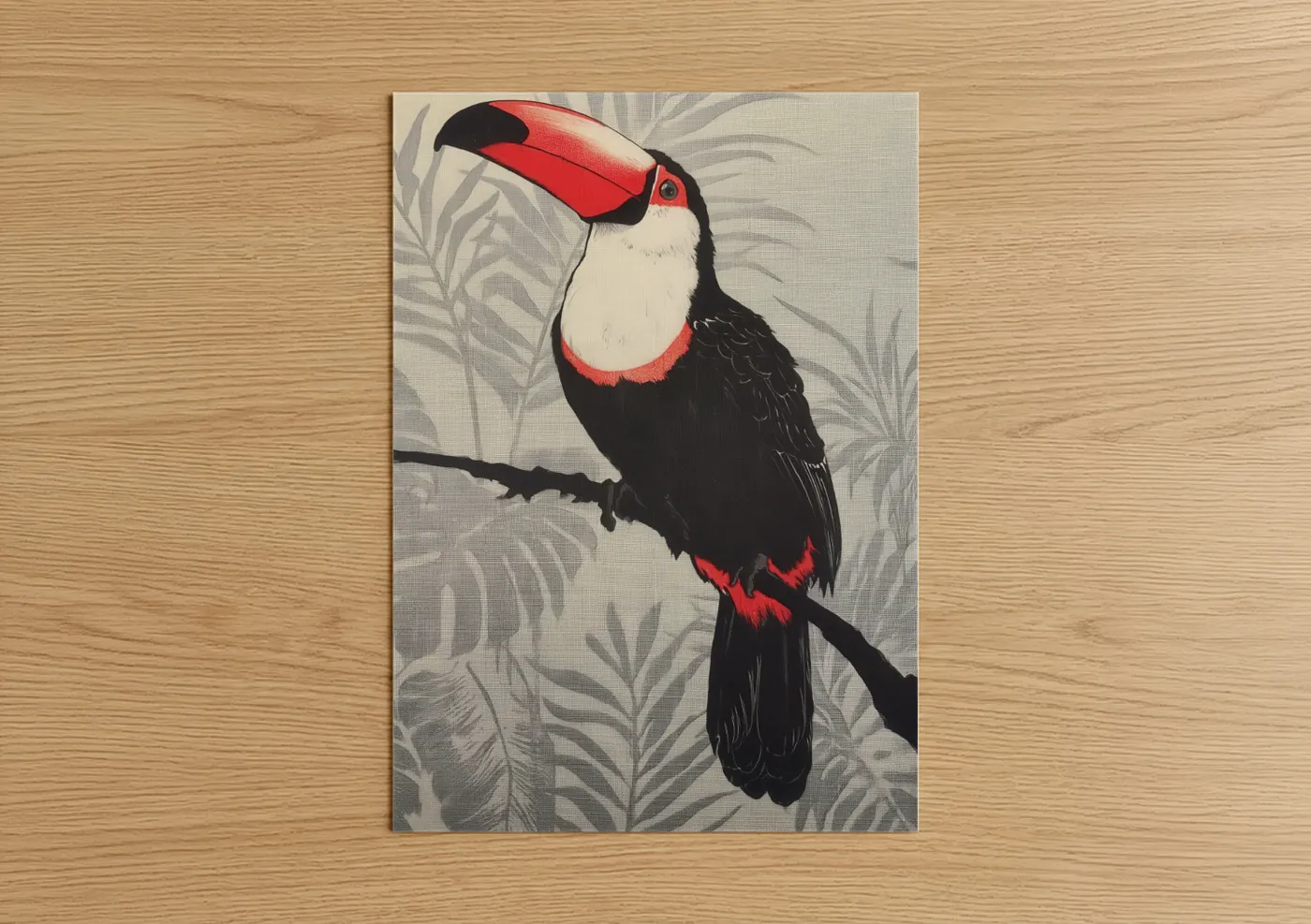 Art print on warm oak wood — red and black palette — Scarlet Toucan poster