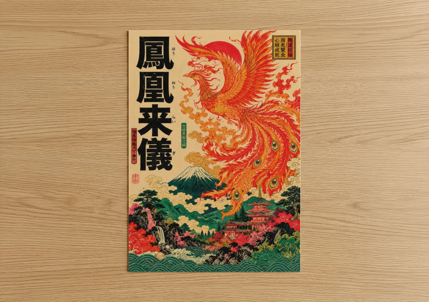 Art print on warm oak wood — red and gold palette — Japanese Phoenix Mount Fuji Wall Art poster