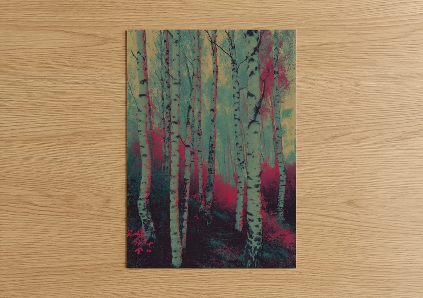 Art print on warm oak wood — magenta and teal palette — Crimson Birch Forest poster