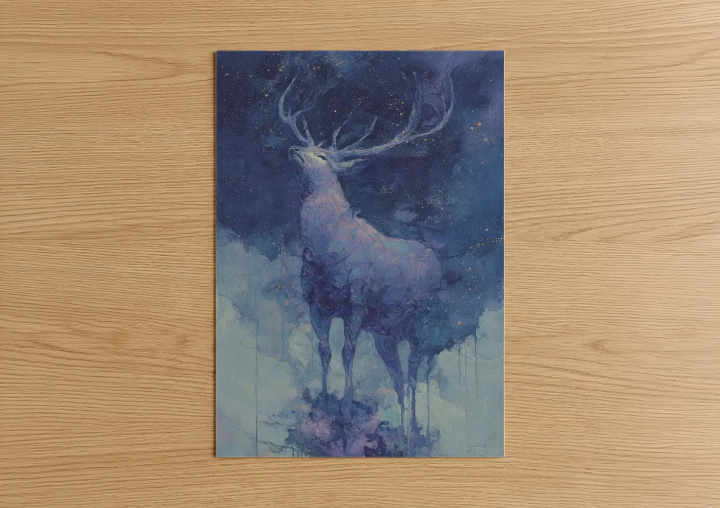Celestial Elk Night Sky Watercolor Wall Art