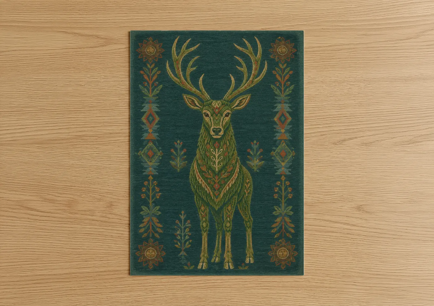 Art print on warm oak wood — teal and gold palette — Decorative Deer With Antlers Wall Art poster