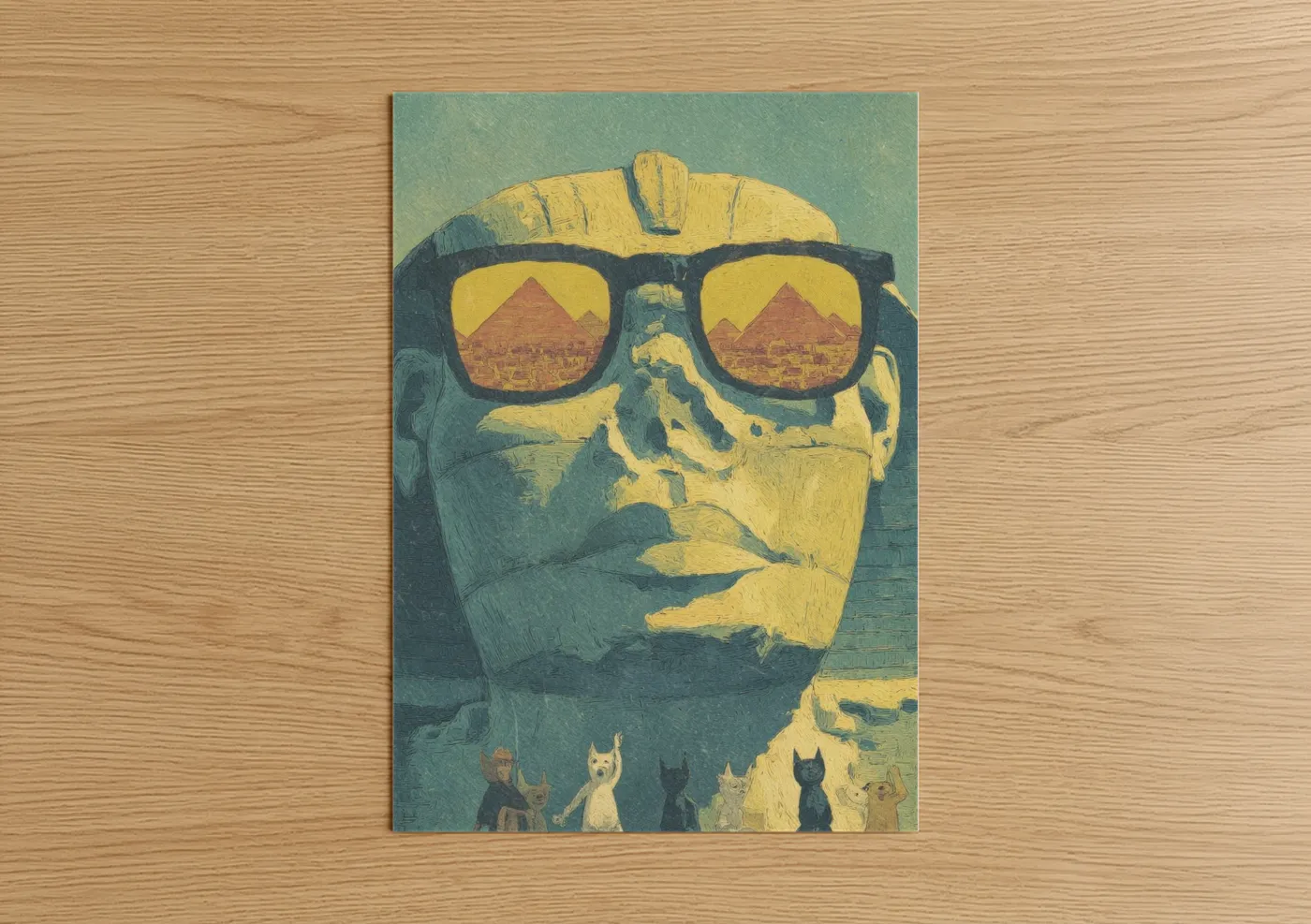 Art print on warm oak wood — yellow gold and blue palette — Sunglasses Sphinx poster