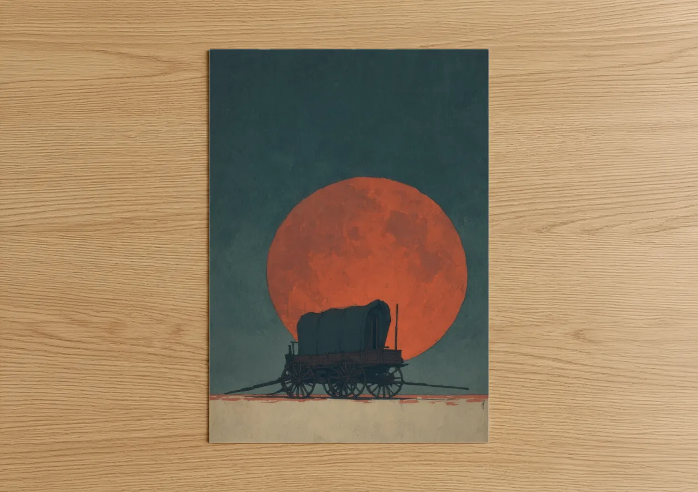 Art print on warm oak wood — red and dark blue palette — Desert Wagon Sunset poster