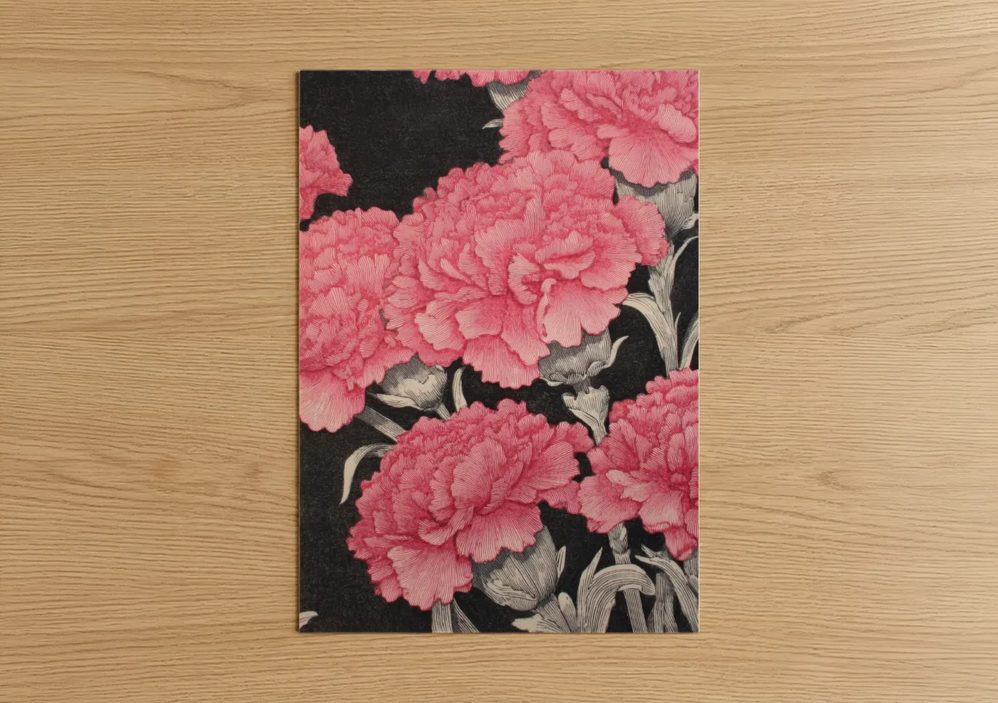 Art print on warm oak wood — black and pink and gold palette — Blushing Carnations poster