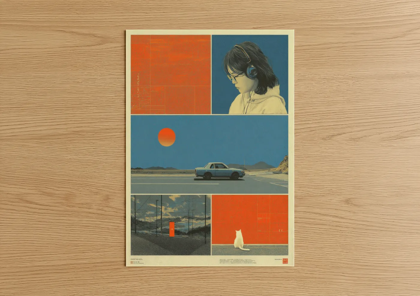 Japanese y2k art print on warm oak wood — orange and blue palette — Retro Y2K Vibes poster