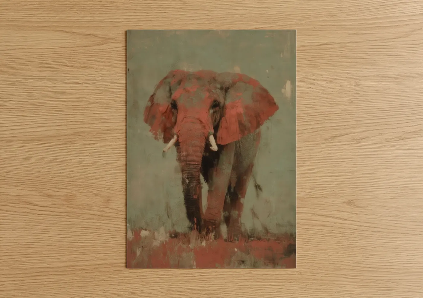 Art print on warm oak wood — russet and sage green palette — Crimson Savanna Elephant poster