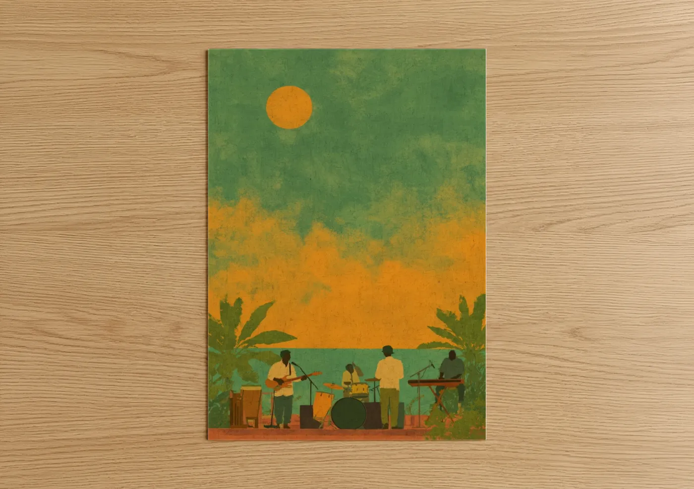 Art print on warm oak wood — gold and green palette — Sunset Reggae Band poster