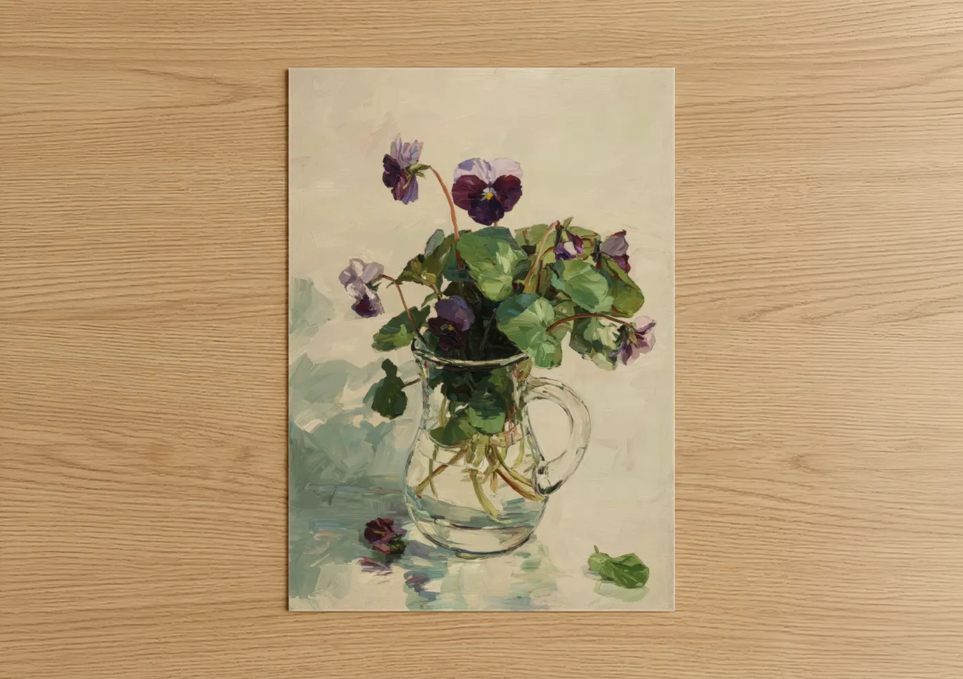 Art print on warm oak wood — lavender and cream palette — Purple Violets Arrangement poster