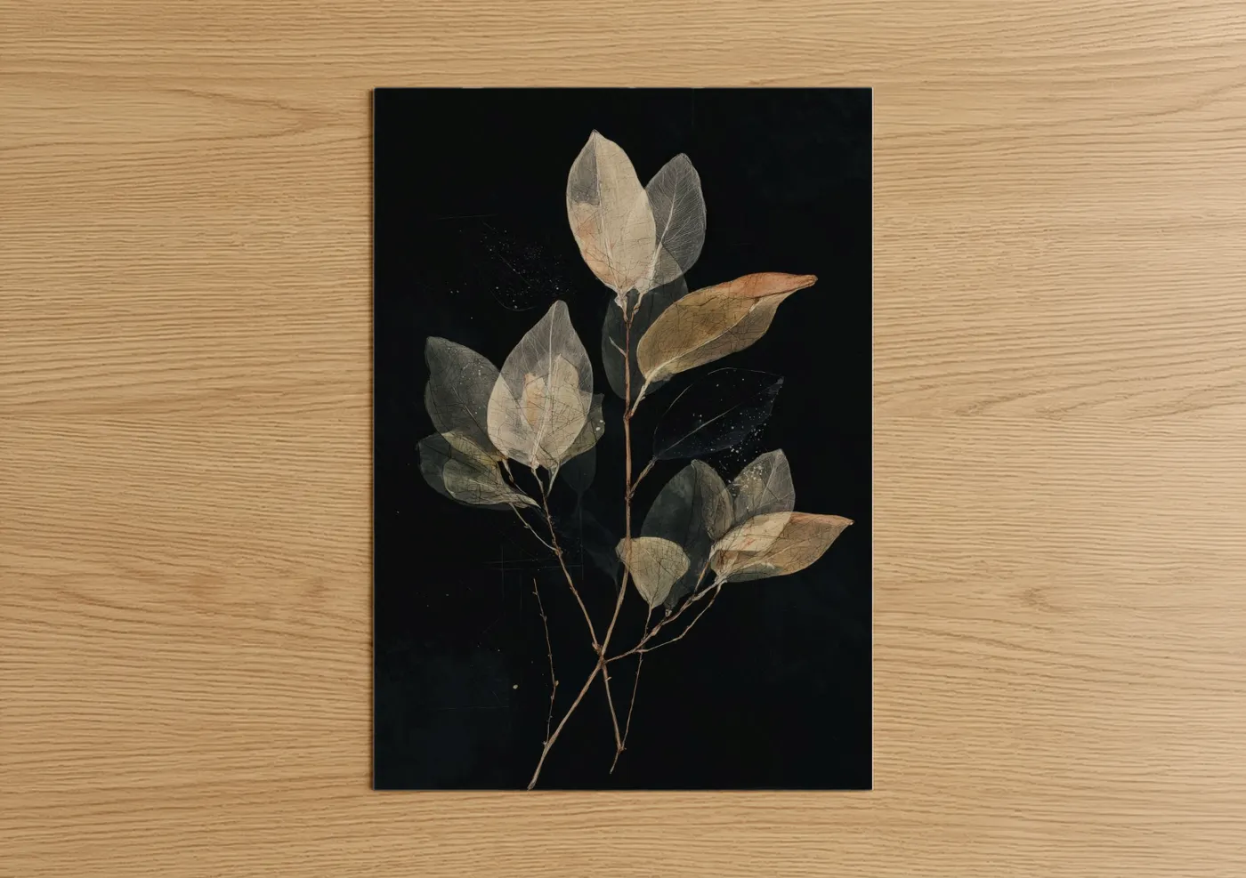 Art print on warm oak wood — cream and black palette — Ethereal Mangrove poster