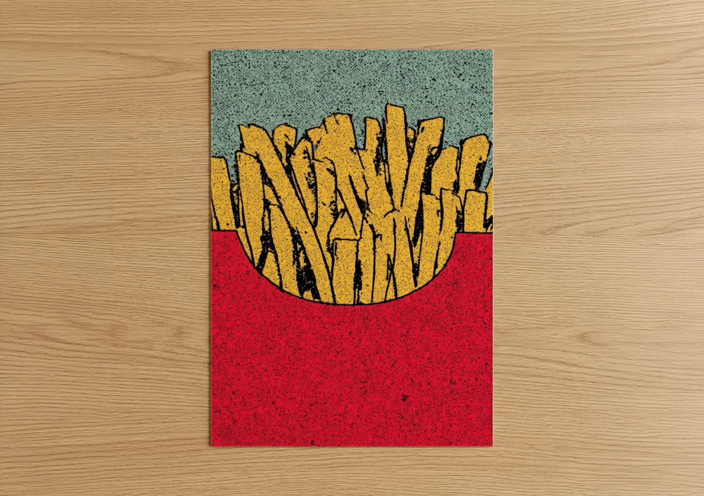 Fast food art print on warm oak wood — gold and red palette — Golden Fries Pop poster