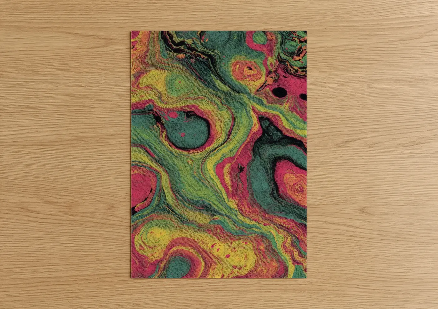 Sweet art print on warm oak wood — magenta and true green palette — Cosmic Swirl Confection poster