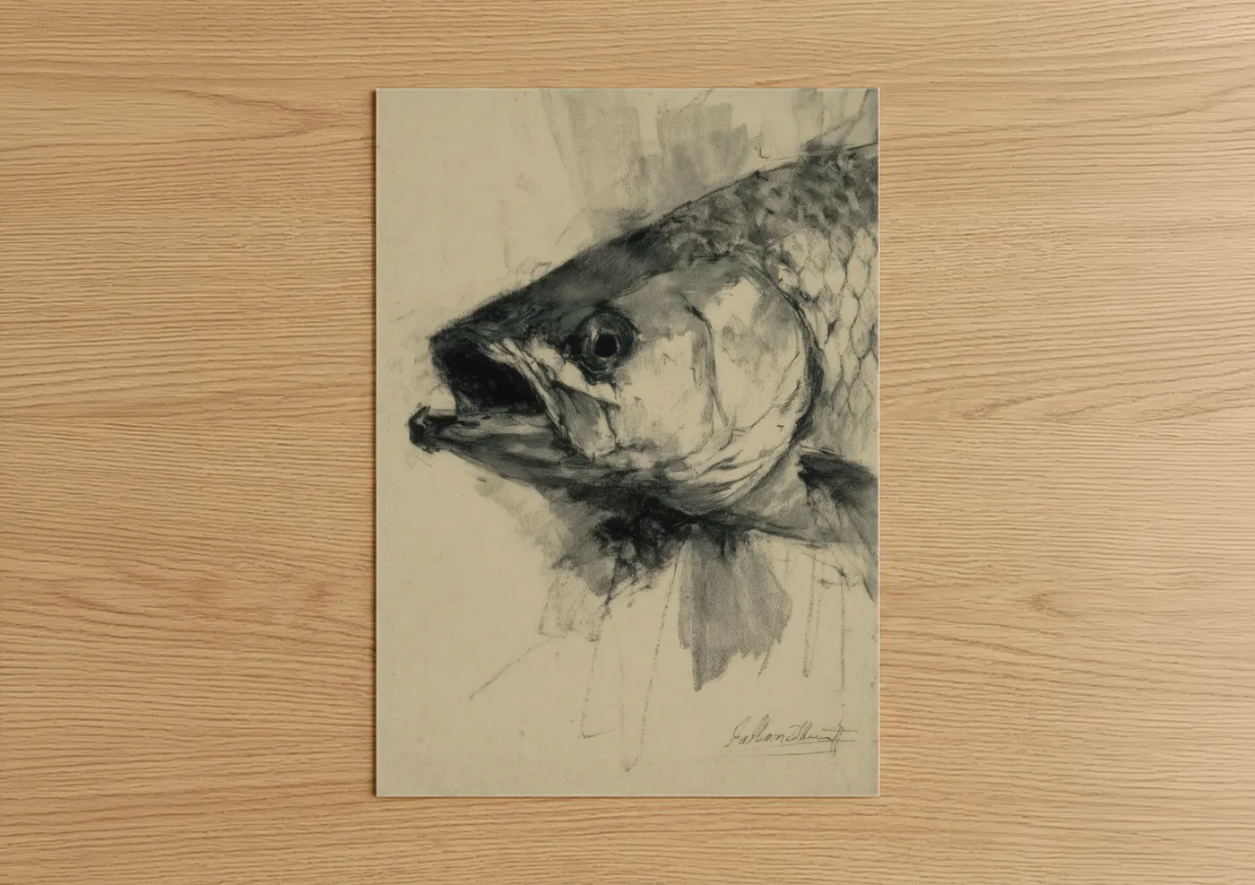 Art print on warm oak wood — black and white and cream palette — Tarpon Study poster