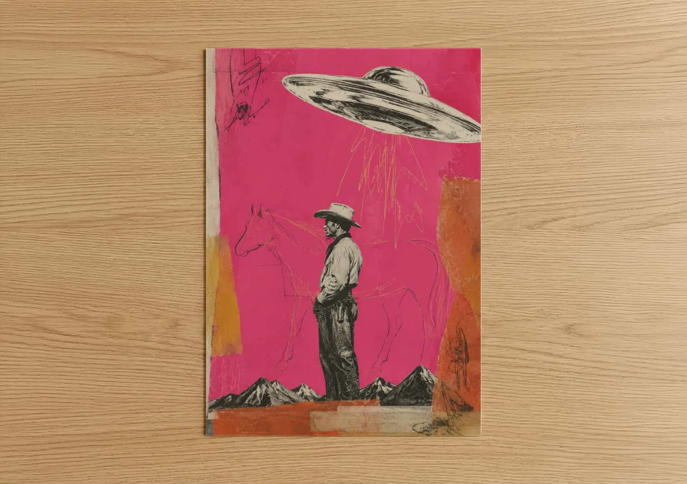 Art print on warm oak wood — pink and black and white palette — Cowboy UFO Encounter Wall Art poster