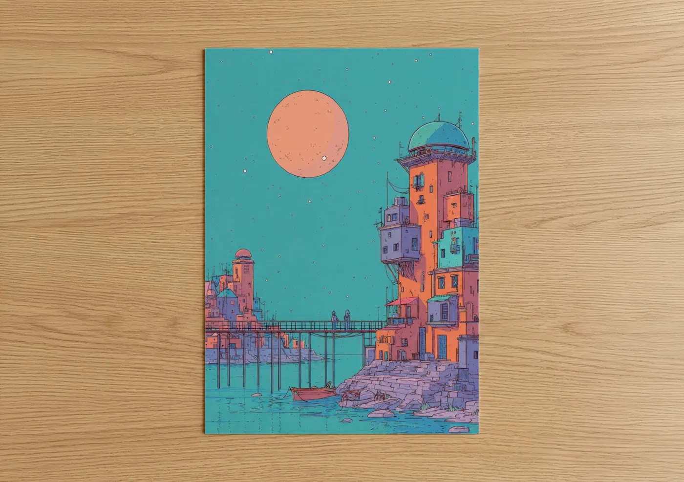 Neon Harbor Tower Comic Book Sci-Fi Wall Art