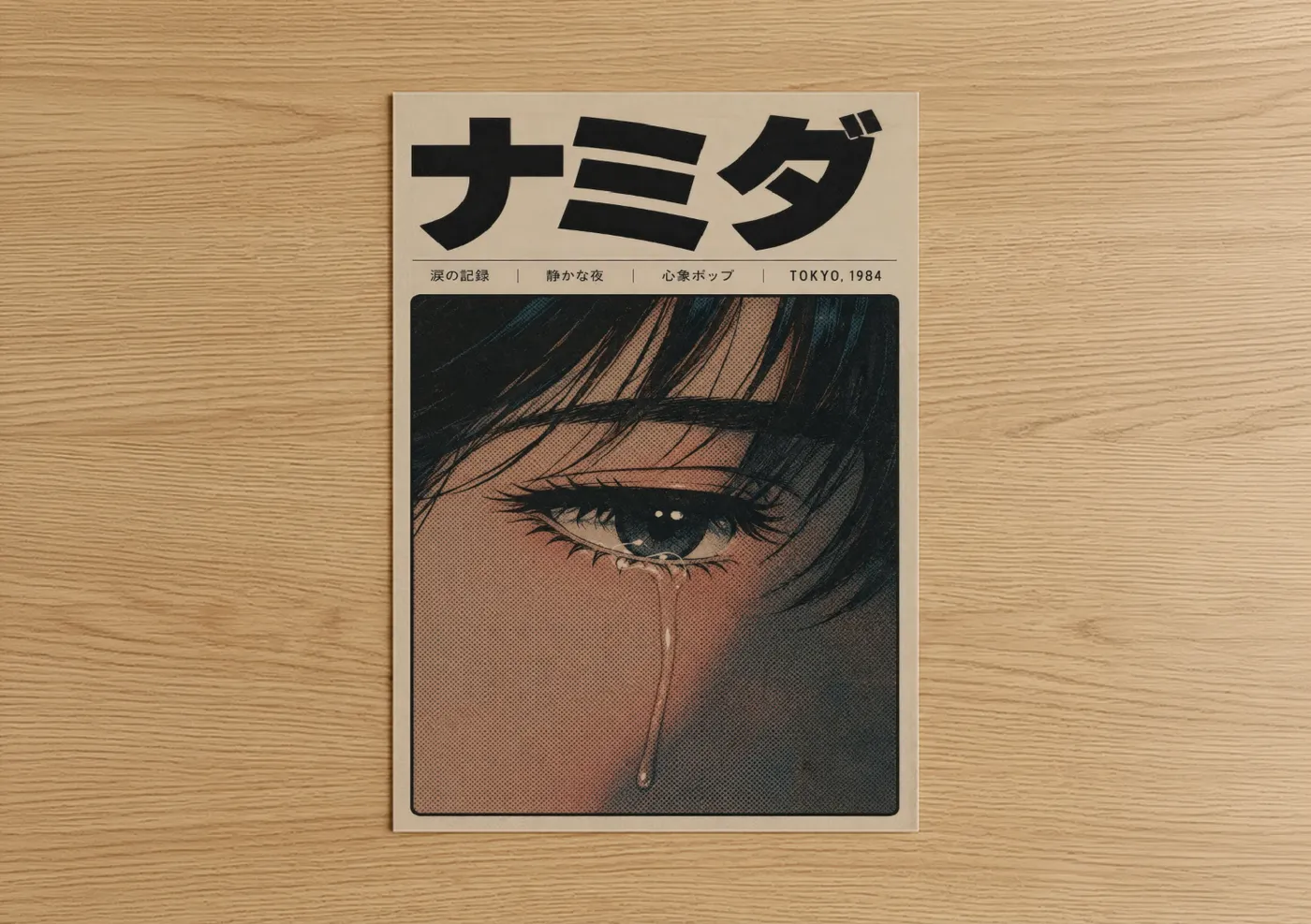 Anime and manga art print on warm oak wood — beige and black palette — Vintage Japanese Manga Tear Wall Art poster