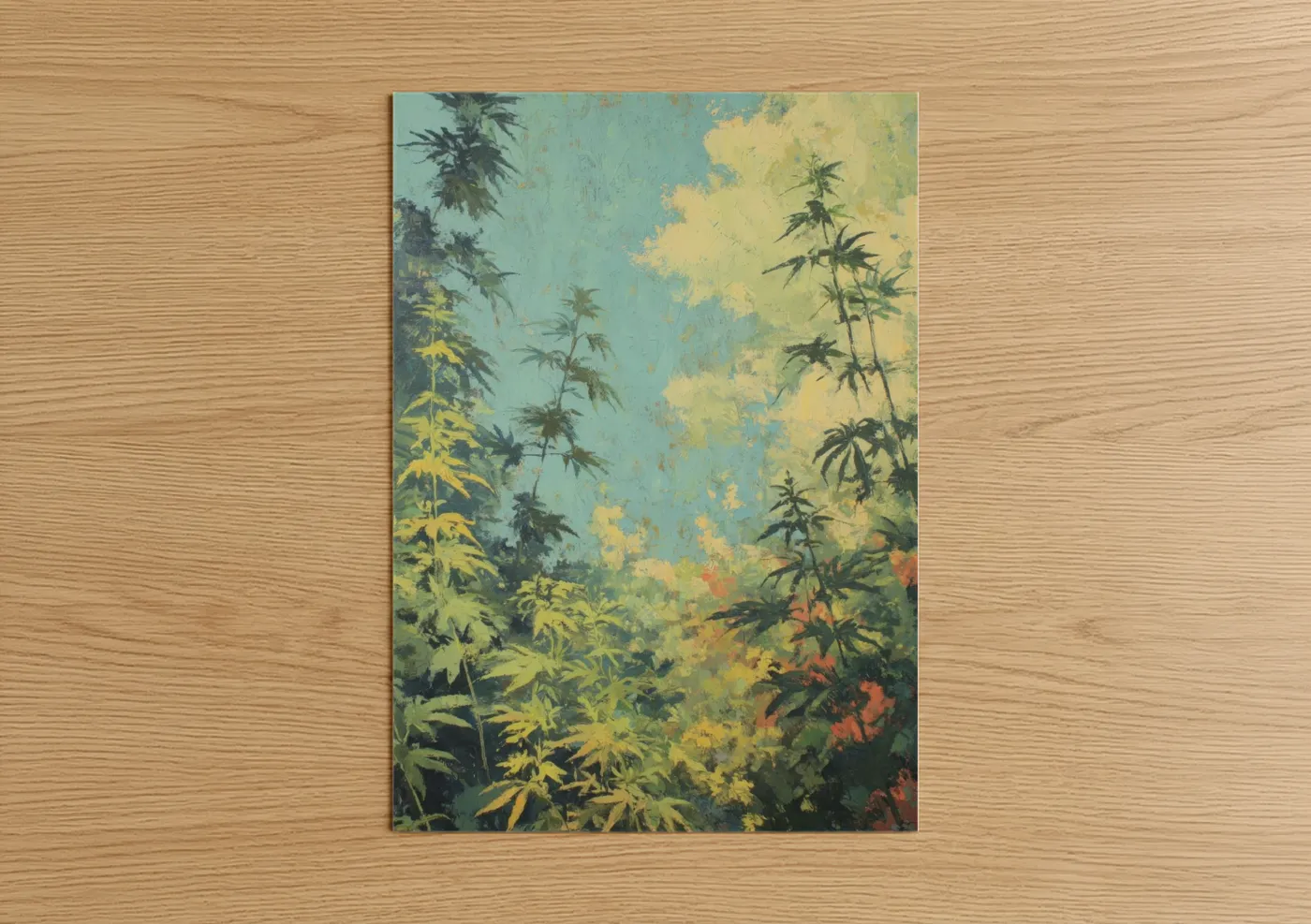 Art print on warm oak wood — gold and teal palette — Golden Cannabis Garden poster