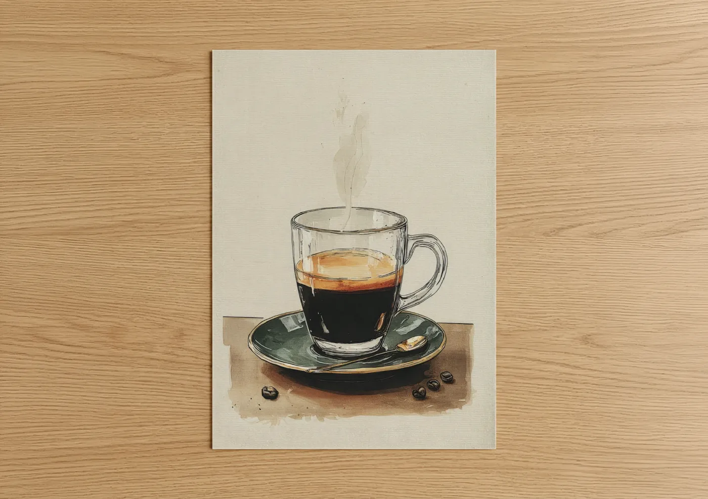 Steaming Coffee Cup with Beans Watercolor Wall Art