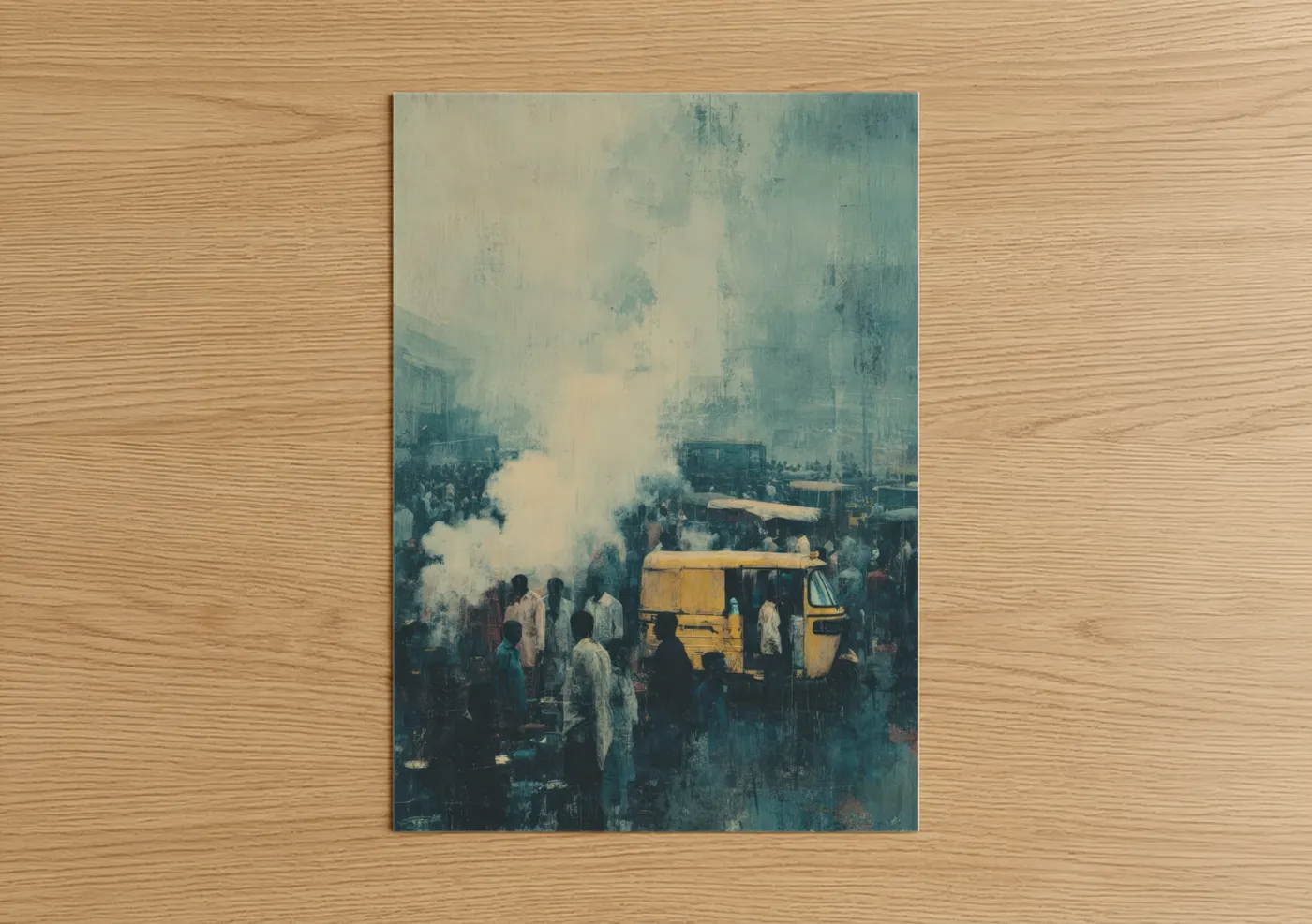 Art print on warm oak wood — cream and teal palette — Misty Rickshaw poster