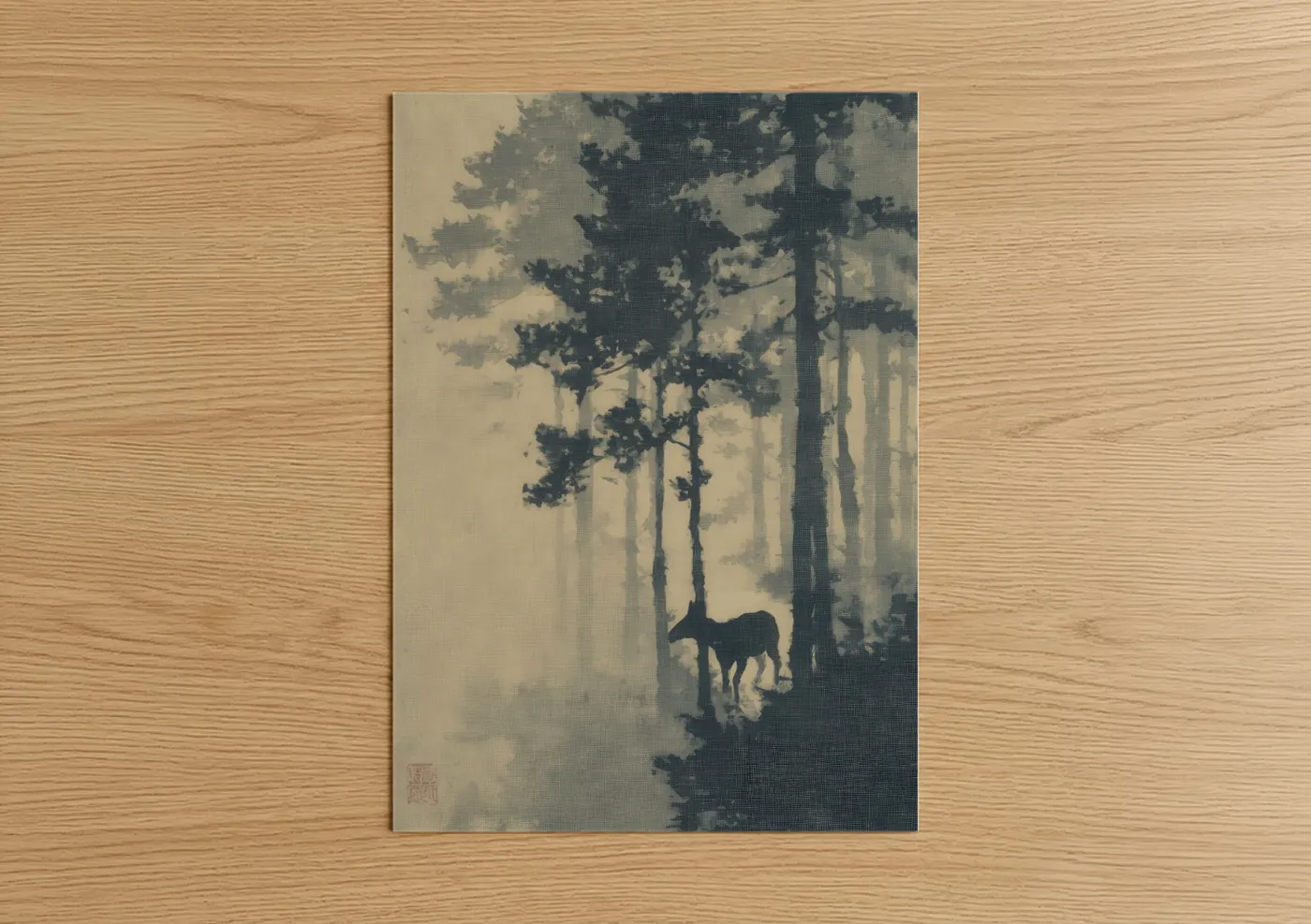 Art print on warm oak wood — gray and black and white palette — Forest Mule poster