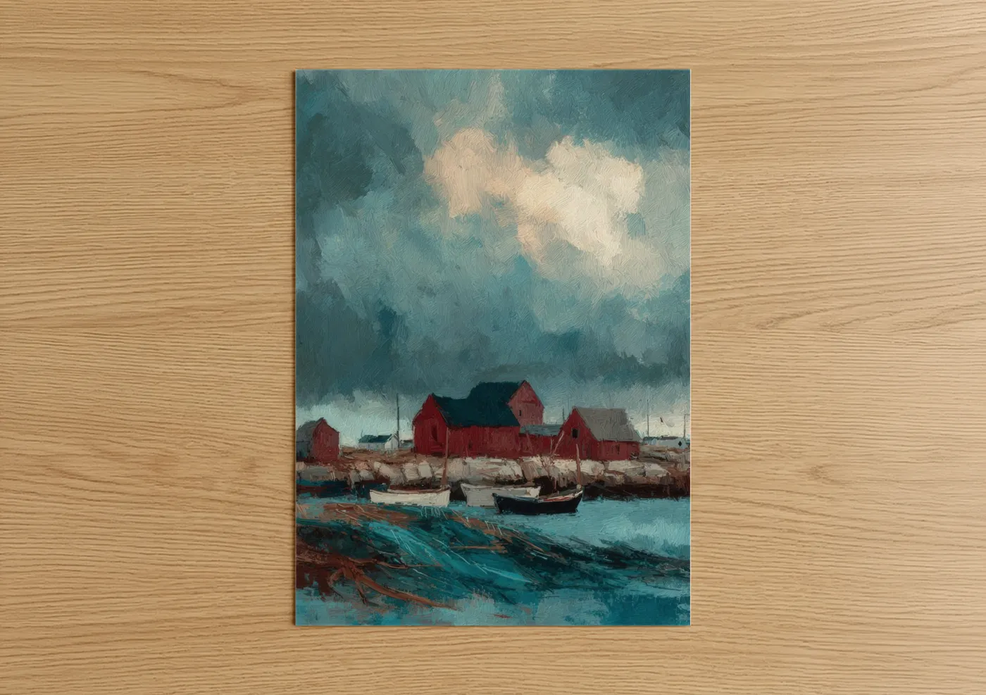 Art print on warm oak wood — teal and russet palette — Coastal Harbor Village poster