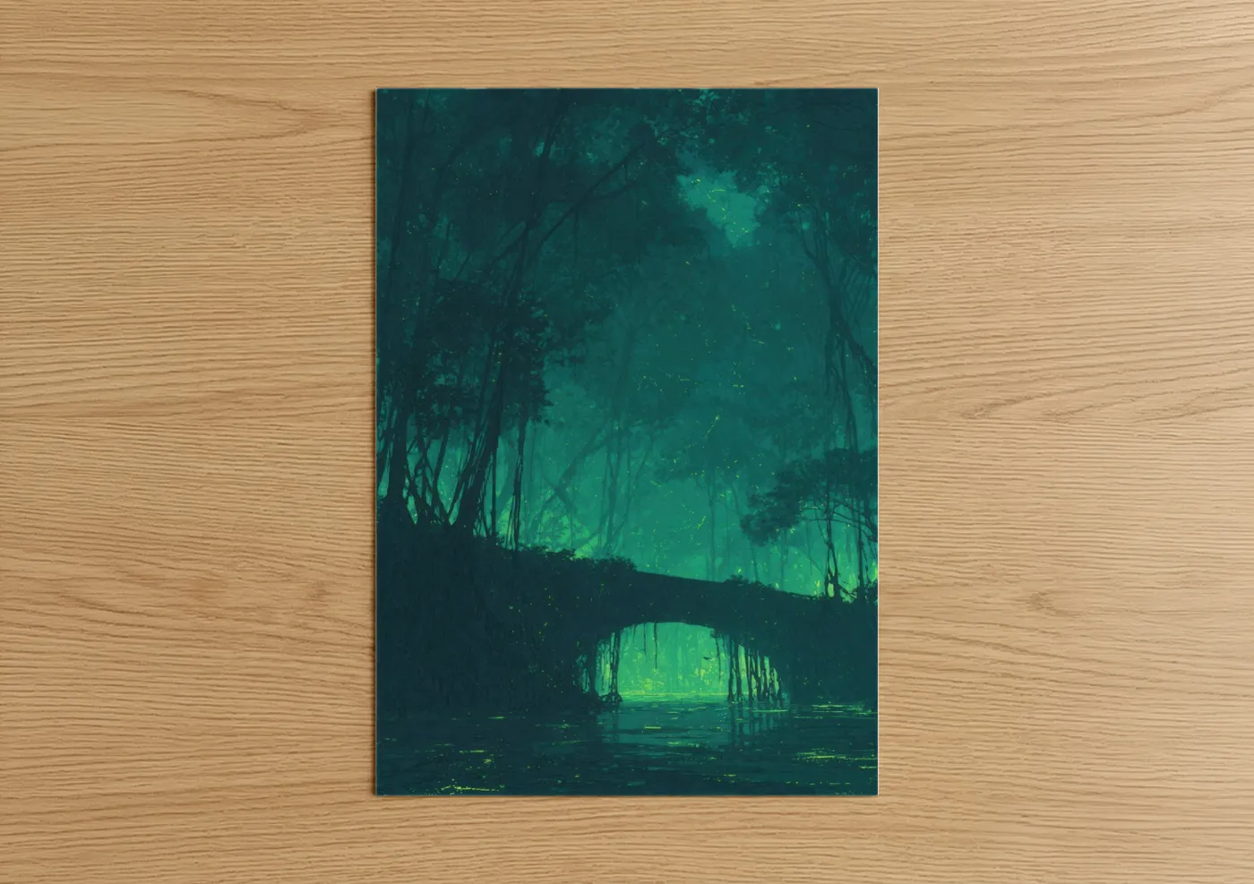 Bridges art print on warm oak wood — teal and dark green palette — Luminous Bridge Tunnel poster